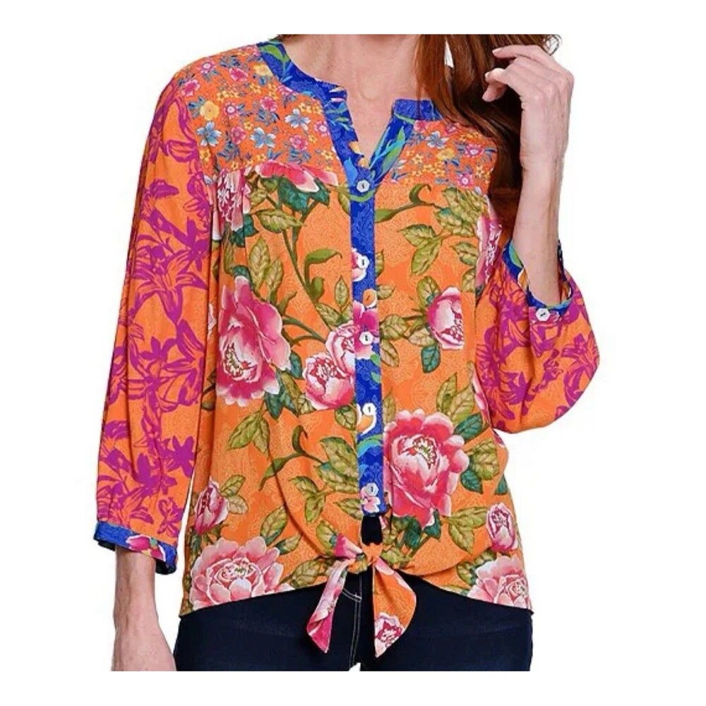 John Mark Women’s Split V-Neck 3/4 Sleeve Tie Front Button Down Blouse Sz 1X New
